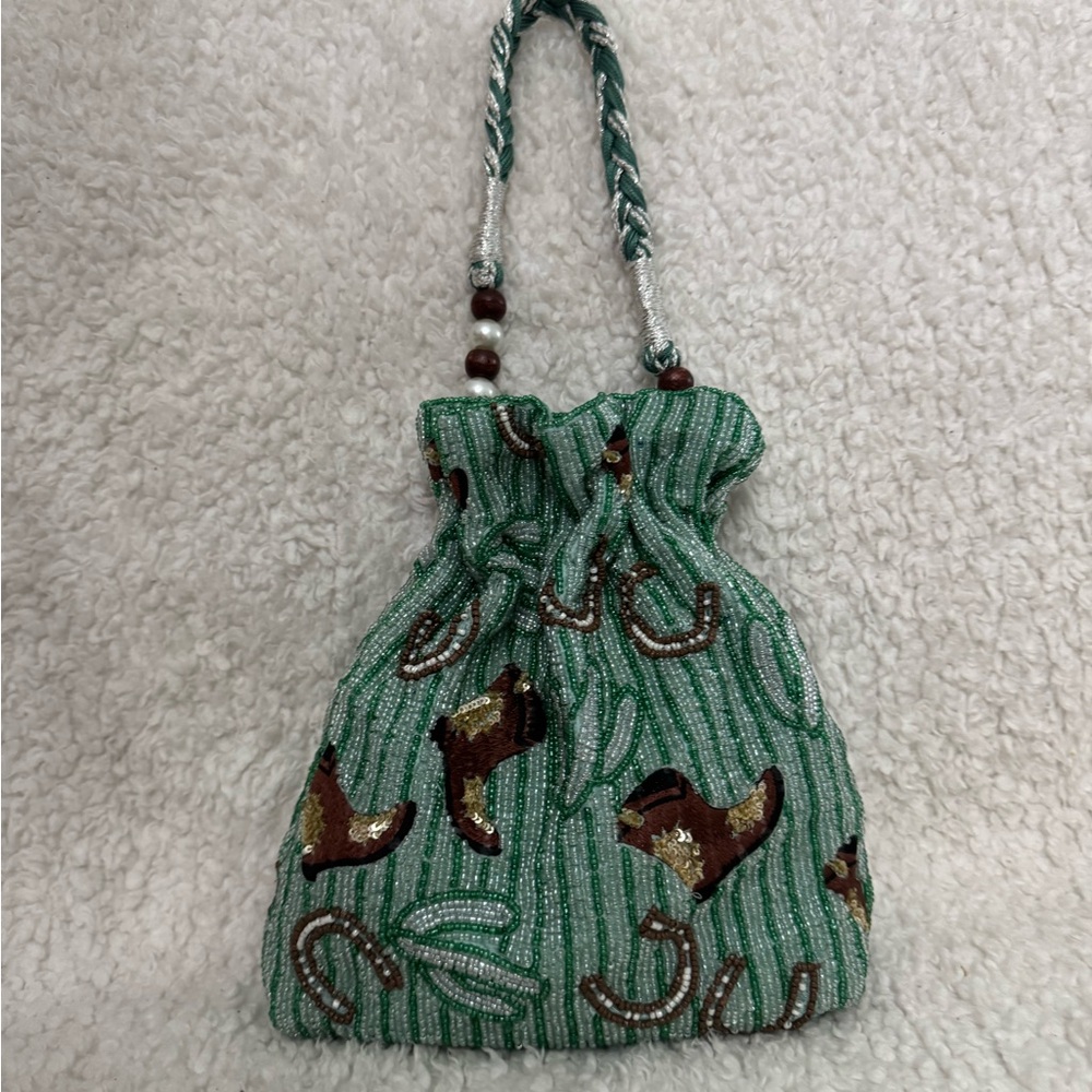 NWT Cowboy Boots & Horseshoes Beaded Western Print Pouch Bag